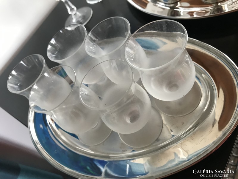 6 sandblasted cups, short drink glasses with inox tray (k50)