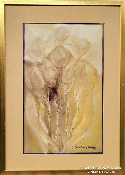 Izolda Macskássy (1945 - 2021) golden flowers c.Silk collage picture with original guarantee!