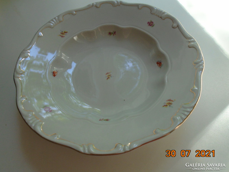 Zsolnay shield-stamped, gold-feathered deep plate with scattered flower pattern