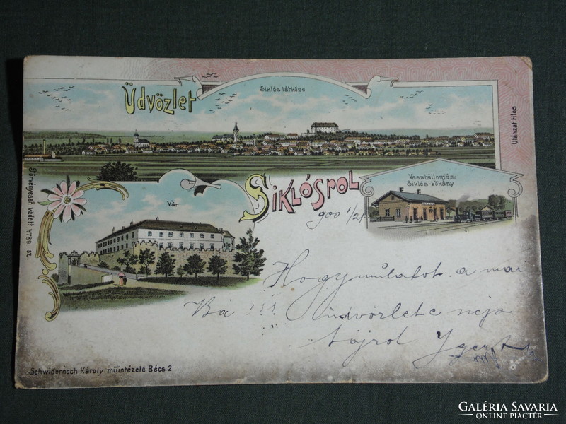 Postcard, siklos, mosaic details, view, castle, siklos-vokány railway station, litho, 1900