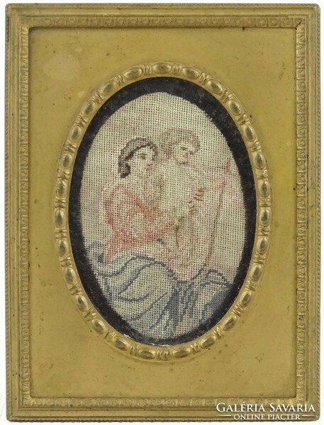 1Q727 antique mother and child in a small needle tapestry in a copper frame