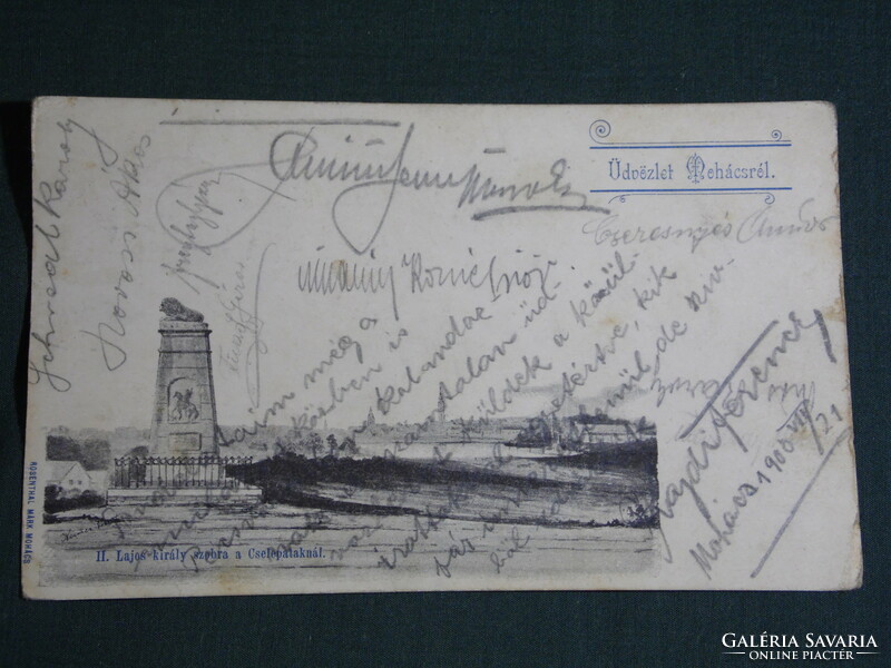 Postcard, mohács, ii. Statue of King Louis at Csele-patak, 1900