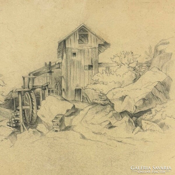 Unknown painter - Alpine watermill - around 1880 - pencil, charcoal