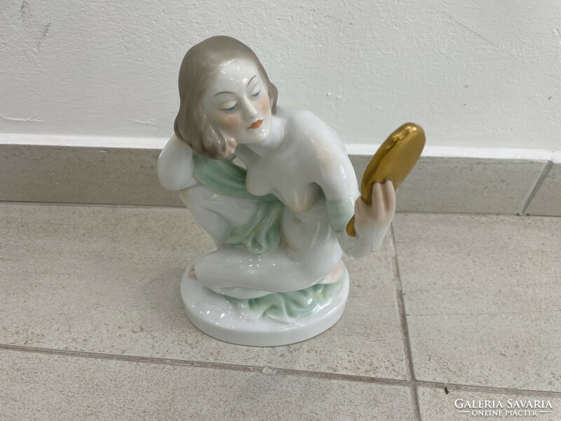 Herendi tükrös akt tükörbe néző nő szobor figura porcelán 25cm