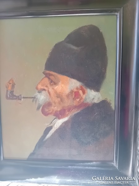 Old oil painting, old man smoking a pipe