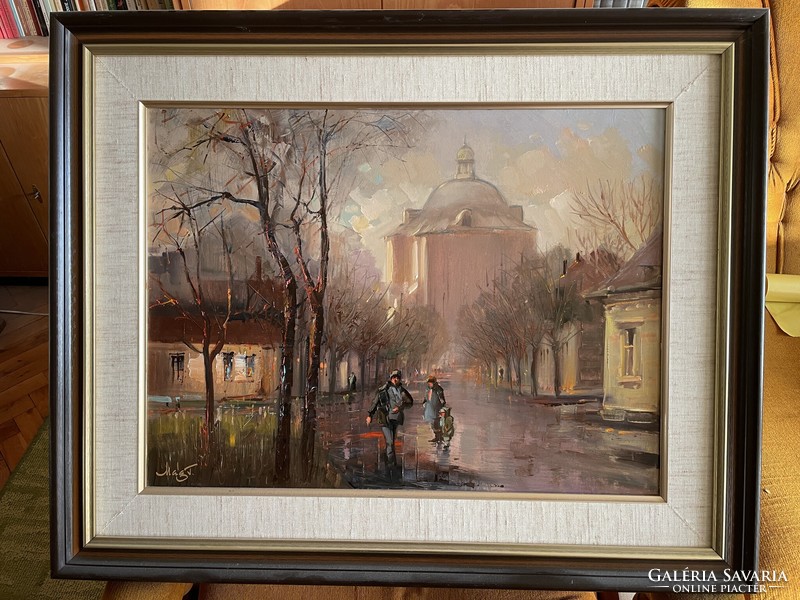 Tamás Mág: Váci street oil-on-wood painting 45*60