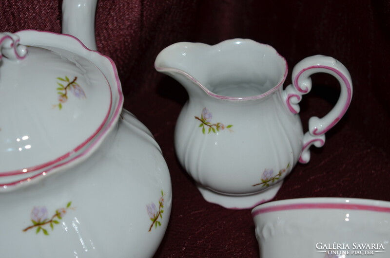 Zsolnay rózsaszín barack virágos teás készlet