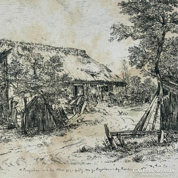 Ismeretlen festő - elhagyott tanya, acélmetszet karton 19. század -