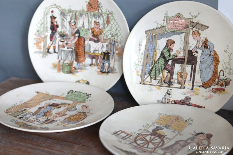 Sarreguemines 1875-1900 richard forment scene French faience plates 4 pcs