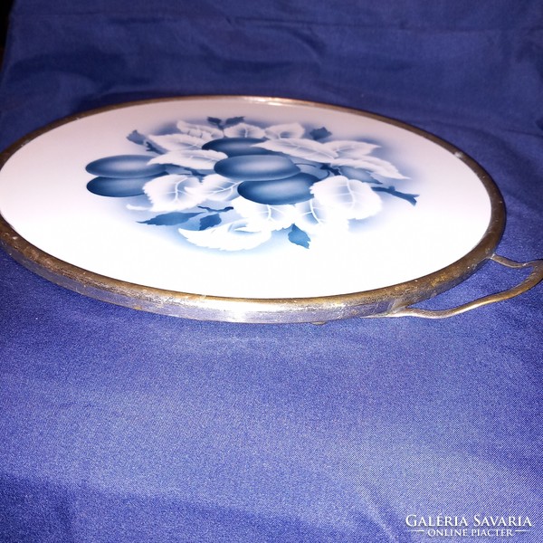 Old, numbered, metal frame tray with faience insert, cake plate.