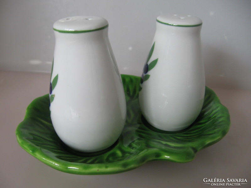 Olive, lemon Italian salt, pepper spray, table spice holder on a pair of leaf-shaped bowls