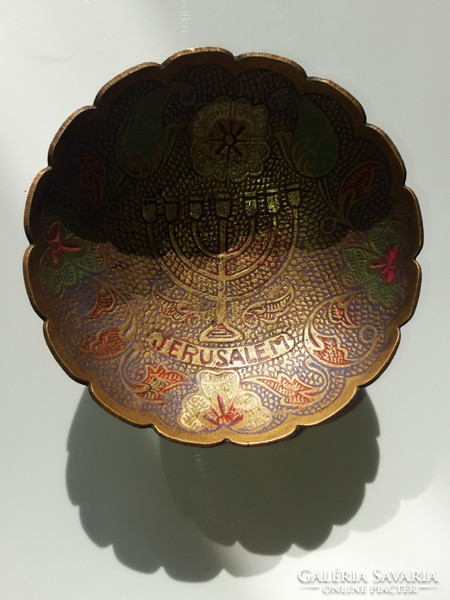 Jerusalem - inscribed copper bowl with menorah decoration
