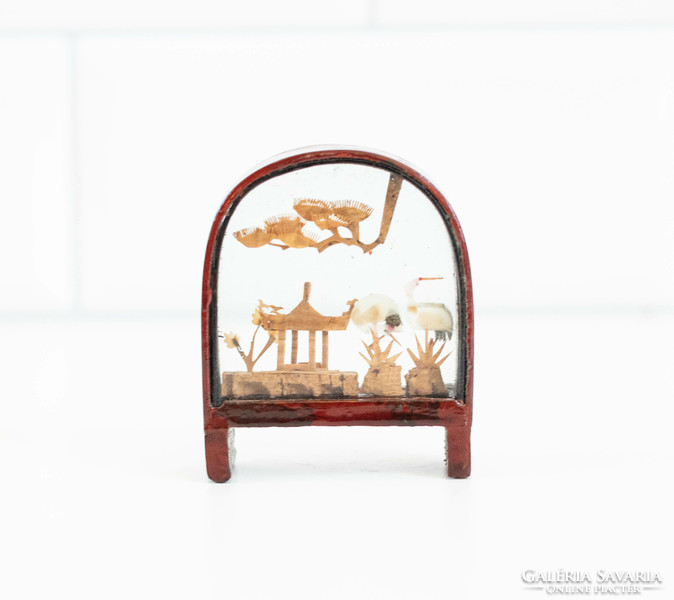 Handmade Chinese cork landscape - miniature carving, patience glass - cranes next to pavilion