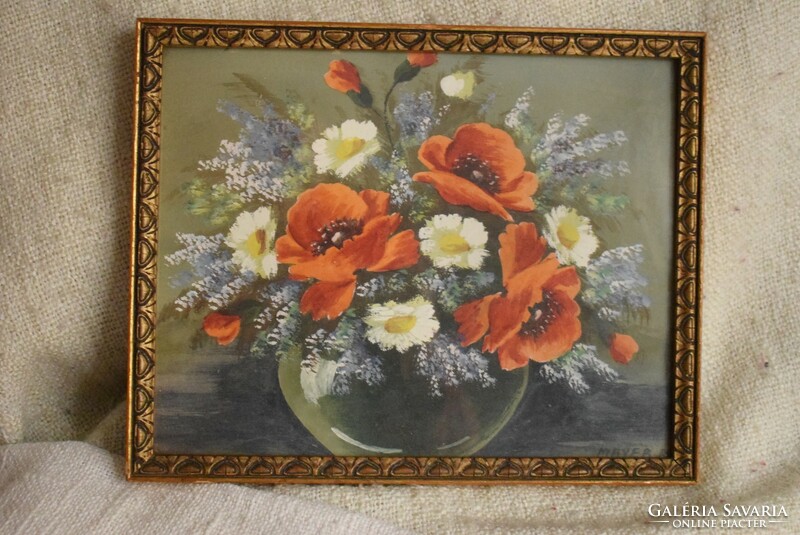 Spring flowers poppy in organ vase still life, mayer b. Tempera, paper 26.5 x 21 cm, 50s