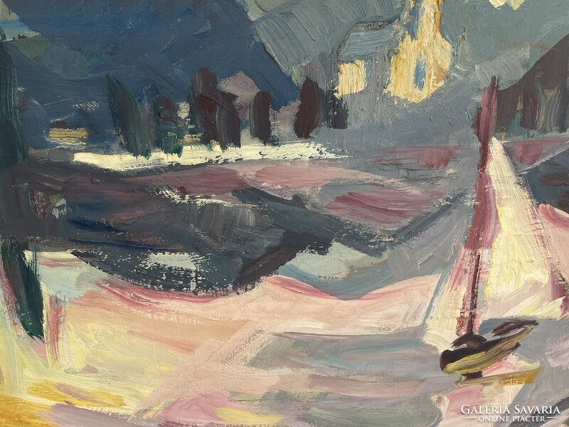 Szilvásy Pál Tihany Balaton sailing ship skyline landscape painting modern retro impressionist