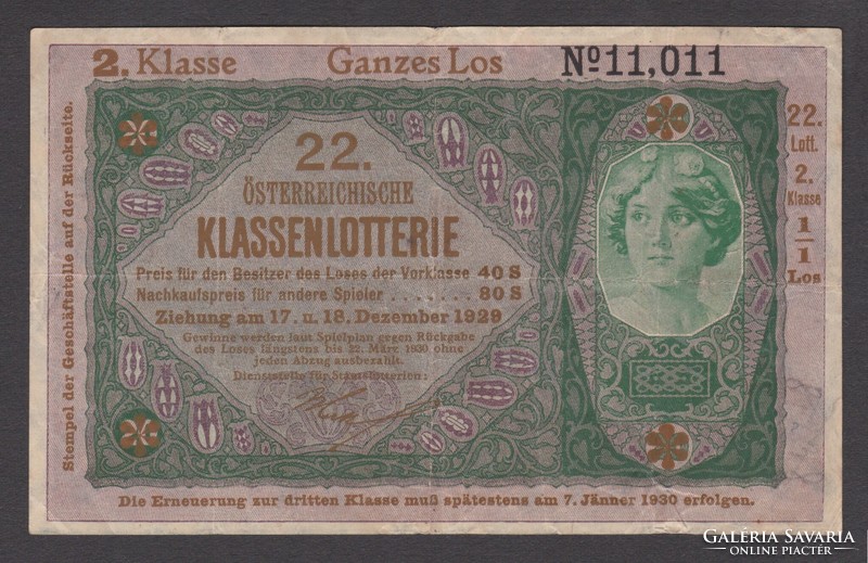 20 Crowns, money draft of the Danube Republic, class lottery ticket with overprint 1929-1930 (f+)