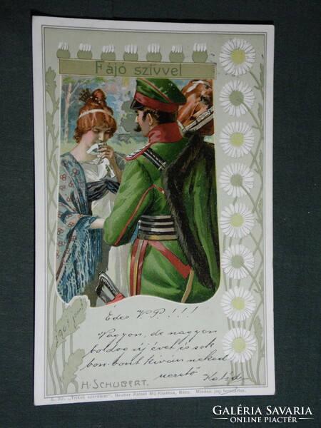 Képeslap, Postcard, H Schubert grafika,romantika,szerelem,katona,huszár, litho, 1900