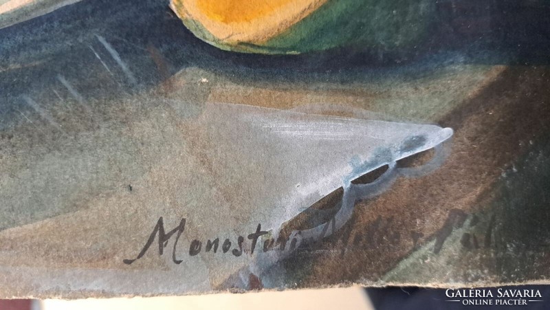 Monostori Moller pál: art deco scene. Tempera paper. Size: 32x49 cm.