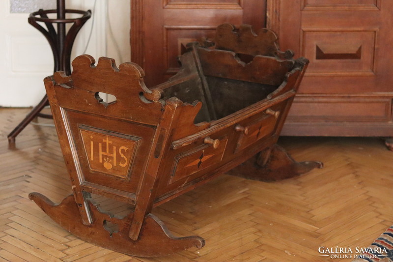 19th century folk rocking cradle inlaid ihs