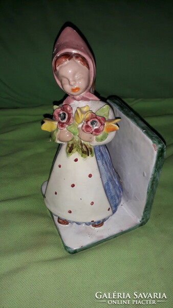 Antique h.Rahmer mária - hoppy style glazed ceramic terracotta bookend 20x 10cm with girl's bouquet