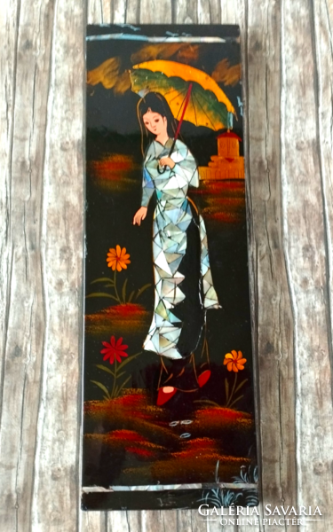 Old beautiful hand-painted oriental lacquered wood wall picture with shell inlay