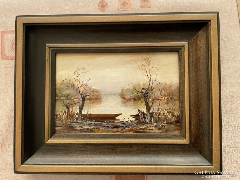 Oster dezső: Tisza bank oil-on-wood painting 15*20