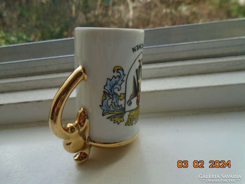 Opulently gilded, beer mug-shaped spice spreader with the coat of arms of a Benedictine monk from Munich