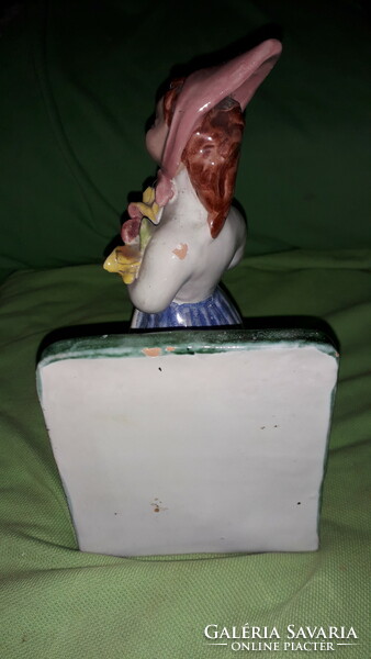 Antique h.Rahmer mária - hoppy style glazed ceramic terracotta bookend 20x 10cm with girl's bouquet