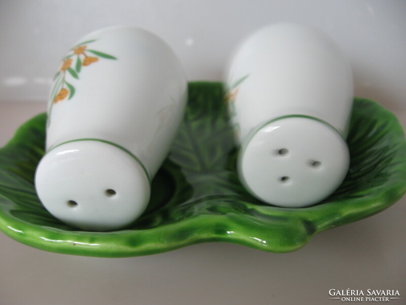Olive, lemon Italian salt, pepper spray, table spice holder on a pair of leaf-shaped bowls