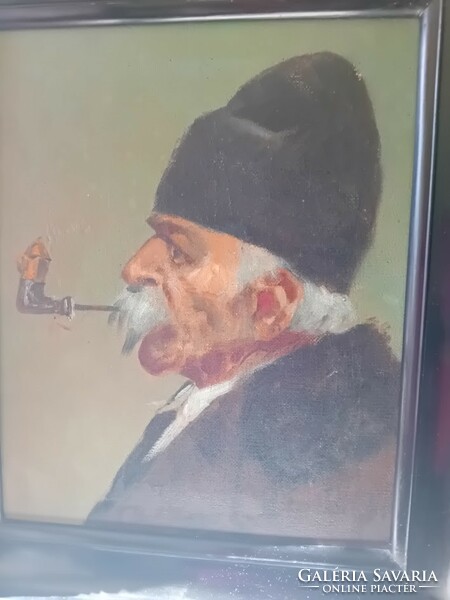 Old oil painting, old man smoking a pipe