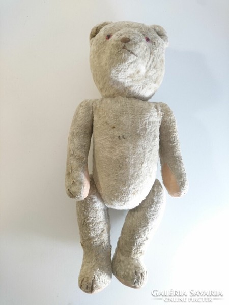 Old straw teddy bear, antique toy teddy bear, red eyes, white fur, teddy bear 1950s