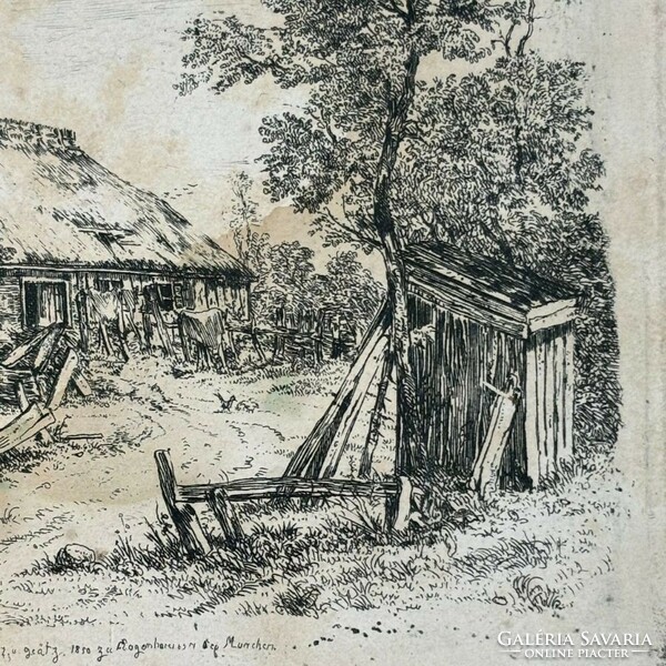 Unknown painter - abandoned farm, steel engraving cardboard 19th century -