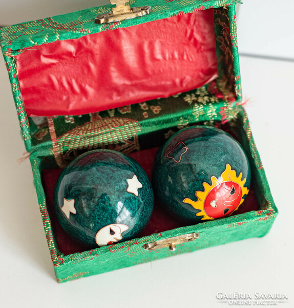 Chi-kung balls with fire enamel decoration - sun and moon pattern - feng shui balls qi kung