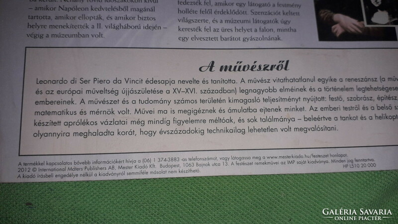 2012.Leonardo da Vinci - MONA LISA nagyon szép nyomat kép	35 cm x 26 cm a képek szerint IMP KIADÓ