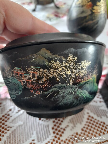 Chinese lacquer collection, boxes, vase, tray, sugar bowl.