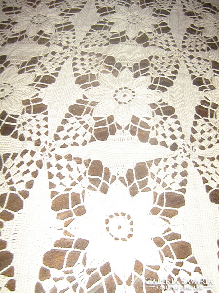 Beautiful antique ecru floral hand-crocheted huge tablecloth