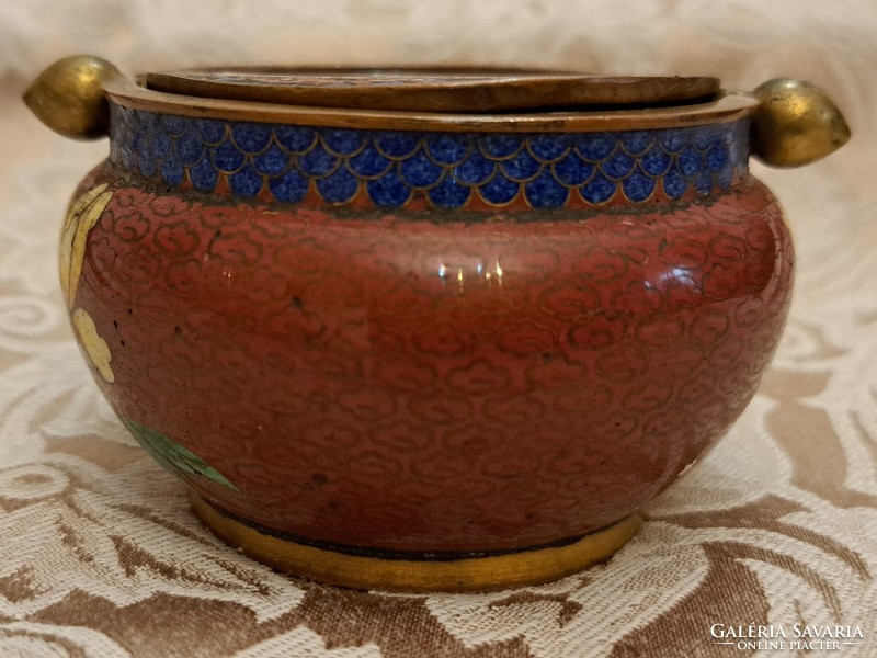 Régi rekeszzománc réz tál, cloisonné hamus (L4595)