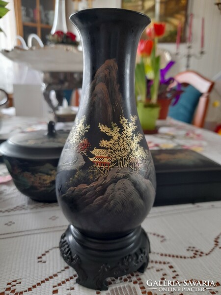 Chinese lacquer collection, boxes, vase, tray, sugar bowl.