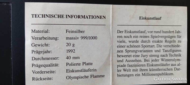 Olimpiai játékok 1992 Albertville emlékérme sorozat műkorcsolya sorszámozott színezüst