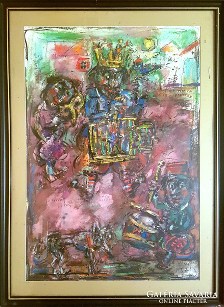 Ernő Tóth - clown king 100 x 70 cm oil, handmade paper, framed
