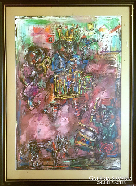 Tóth Ernő - Bohóckirály 100 x 70 cm olaj, merített papír, keretezve