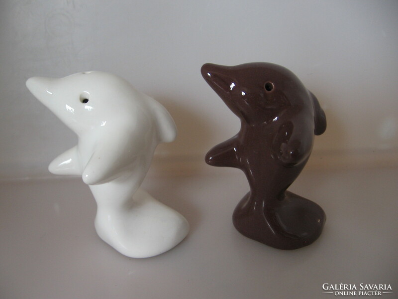 Pair of brown and white dolphins, salt and pepper shaker, table spice holder