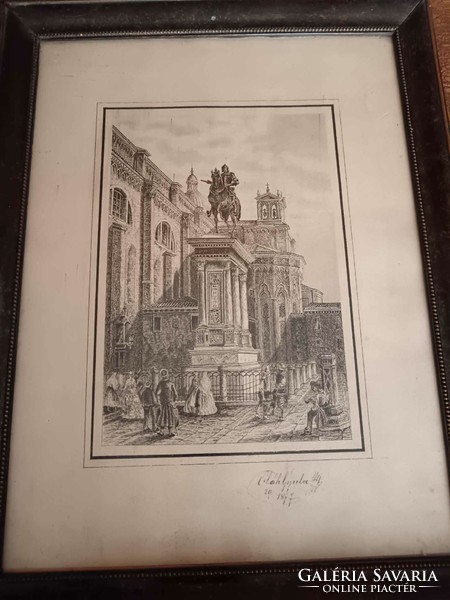 Gyula Oláh etching or engraving from 1877, antique print, city detail, reframed and marked, 20/1