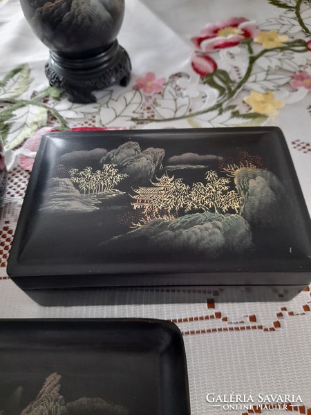 Chinese lacquer collection, boxes, vase, tray, sugar bowl.