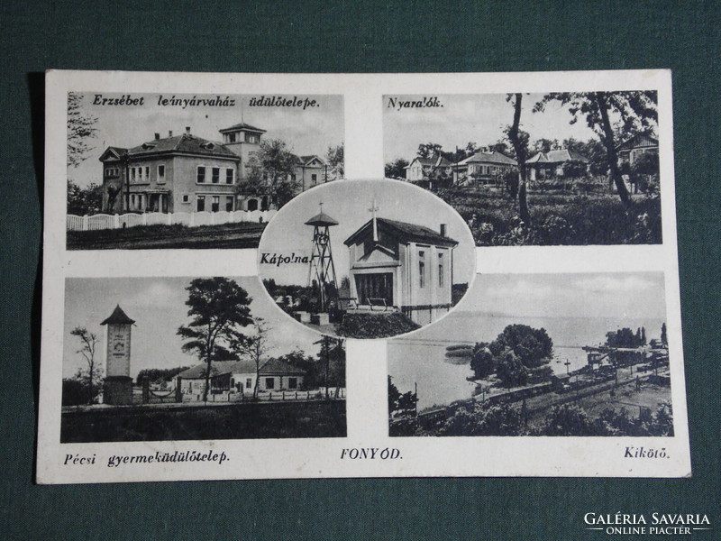 Képeslap, Postcard, Fonyód, mozaik,kápolna,móló,kikötő, árvaház üdülő,Pécs gyereküdülő, 1943