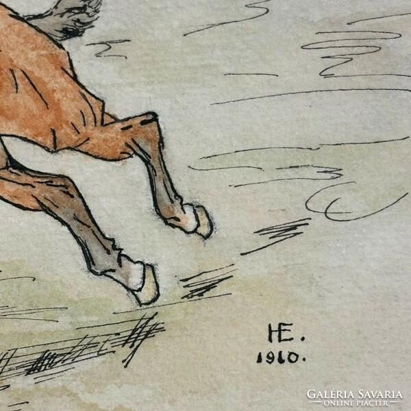 H.E. monogrammal karikatúra - Vágtató lovas - 1910 - tus, akvarell