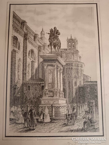 Gyula Oláh etching or engraving from 1877, antique print, city detail, reframed and marked, 20/1