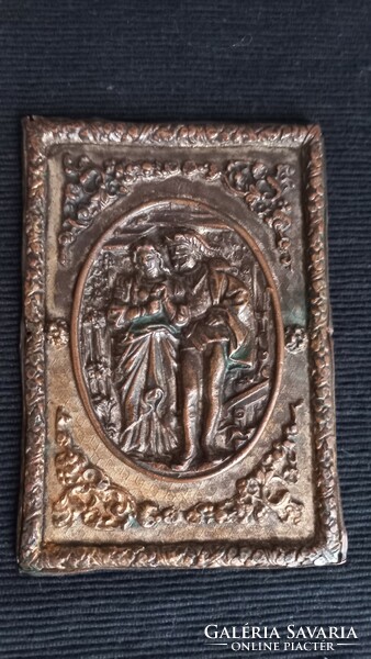 Antik bronz/bronzírozott dombornyomott jelenetes falikép, 13,3 X 9,3 cm