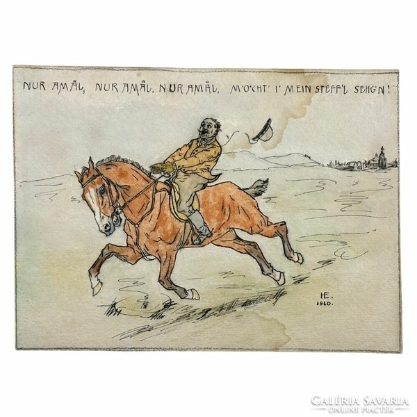H.E. Caricature with monogram - galloping horseman - 1910 - ink, watercolor