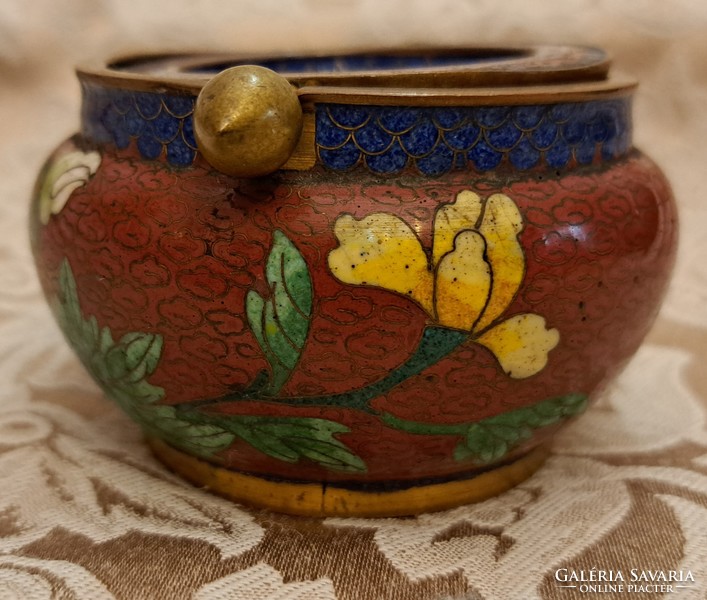 Régi rekeszzománc réz tál, cloisonné hamus (L4595)